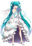  bare_shoulders bouquet dress flower garter_straps green_eyes green_hair hatsune_miku high_heels jh long_hair looking_at_viewer rose smile solo twintails very_long_hair vocaloid wedding_dress 