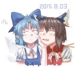  animal_ears blue_hair bow brown_hair cat_ears chen cirno closed_eyes collared_shirt dated fang frown hair_bow hand_on_own_face ice ice_wings kabu_(yuyuibob) multiple_girls mundane_utility neck_ribbon no_hat no_headwear open_mouth pointy_ears ribbon shirt short_hair short_sleeves sketch sweatdrop touhou white_background wings 