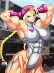  1girl abs ahoge antenna_hair armpits arms_behind_head arms_up battle beret blonde_hair blue_eyes breasts cameltoe cammy_white camouflage erect_nipples extreme_muscles female gauntlets hat high_collar highres hips large_breasts leotard long_hair muscle ren_(tainca2000) smile solo street_fighter thong_leotard twintails very_long_hair 