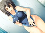  1girl artist_request black_hair blush breast_grab breasts character_request competition_swimsuit game_cg grabbing houou_minagi large_breasts long_hair one-piece_swimsuit saiin_security_seicom self_fondle softhouse_seal source_request suterii swimsuit thigh_gap thighs wet yellow_eyes 