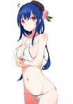  bikini blue_hair blush breast_rest breasts food front-tie_top fruit hat hinanawi_tenshi large_breasts long_hair looking_to_the_side midriff navel peach red_eyes side-tie_bikini simple_background solo strap_gap swimsuit tetsurou_(fe+) touhou white_background 