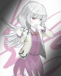  blush covering_mouth dress hand_over_own_mouth kishin_sagume md5_mismatch red_eyes silver_hair single_wing solo touhou wings yuuhikyou 