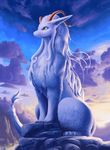  abstract_background cloud dragon fluffy fur furred_dragon green_eyes hair horn long_ears long_hair long_horns lyc pointy_ears scalie sitting sky white_fur 