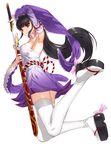  black_hair bow bowtie breasts detached_sleeves dress eyeshadow full_body holding holding_sword holding_weapon kfr long_hair looking_at_viewer makeup medium_breasts original red_hair sandals sheath simple_background smile solo sword thighhighs unsheathing very_long_hair weapon white_background white_legwear 