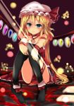  bad_feet blonde_hair blue_eyes flandre_scarlet hands_on_legs hat highres looking_at_viewer ribbon sitting smile te_toga thighhighs touhou 