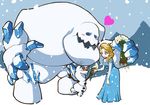  blonde_hair blue_eyes blush braid elsa_(frozen) flower frozen_(disney) heart lily_(flower) marshmallow_(frozen) olaf_(frozen) otsukimi single_braid snow snowing snowman 
