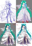  bare_shoulders bouquet dress flower green_eyes green_hair hatsune_miku high_heels highres jh long_hair looking_at_viewer sketch smile solo twintails very_long_hair vocaloid wedding_dress work_in_progress 