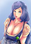 apron bad_id bad_pixiv_id blue_background blue_eyes blue_hair breasts breath buto_ijo cleavage collarbone covered_nipples gundam gundam_build_fighters iori_rinko jewelry large_breasts lips long_hair looking_at_viewer necklace open_mouth short_sleeves solo very_long_hair 