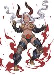  &gt;:) ;) bad_id bad_twitter_id bare_shoulders belt black_gloves breasts collarbone dark_skin draph elbow_gloves emu_(eomou) facial_mark fire forehead_mark full_body gandagouza genderswap genderswap_(mtf) gloves granblue_fantasy grey_hair grey_legwear highres horns large_breasts long_hair low-tied_long_hair midriff navel one_eye_closed orange_eyes pointy_ears quad_tails simple_background skindentation smile solo sparkle thigh_strap thighhighs v-shaped_eyebrows white_background zettai_ryouiki 