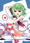  antennae bug centipede dakimakura_(object) fang green_eyes green_hair heart highres hug insect looking_at_viewer open_mouth pillow sitting solo spoken_heart te_toga thighhighs touhou wriggle_nightbug 