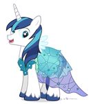  blue_hair clothed clothing costume crossdressing cute dm29 dress equine feral friendship_is_magic hair happy horn looking_back male mammal multicolored_hair my_little_pony open_mouth shining_armor_(mlp) simple_background unicorn 
