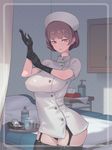  adjusting_clothes adjusting_gloves bacius bangs black_gloves black_legwear black_panties breasts brown_hair dress garter_straps gloves hat large_breasts mole mole_under_eye nurse nurse_cap original panties red_eyes short_dress short_hair solo underwear 