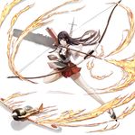  &gt;:) aircraft airplane akagi_(kantai_collection) arrow bangs black_eyes black_hair bow_(weapon) brown_gloves drawing_bow fingerless_gloves fire flight_deck food food_on_face full_body gloves granblue_fantasy highres holding holding_arrow holding_bow_(weapon) holding_weapon japanese_clothes kantai_collection long_hair miniskirt muneate official_style outstretched_arm parody pleated_skirt pose quiver red_skirt rice shogo_(shogo) silhouette simple_background single_glove skirt smile solo style_parody thighhighs v-shaped_eyebrows weapon white_background white_legwear zettai_ryouiki 