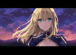  artoria_pendragon_(all) blonde_hair cleavage_cutout cloud dress evening fate/stay_night fate_(series) green_eyes hair_down ice_(ice_aptx) letterboxed long_hair looking_at_viewer mountain puffy_sleeves saber sky solo 