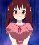  blush breast_squeeze breasts brown_eyes brown_hair ebina_nana highres himouto!_umaru-chan large_breasts ribbon-trimmed_clothes ribbon_trim screencap solo twintails wavy_mouth 