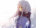  anceril_sacred artist_name blue_eyes blush commentary_request long_hair mishima_kurone original scarf shirokami_project snowing solo upper_body white_hair winter winter_clothes 