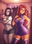  2girls abs blush breasts cleavage cleavage_cutout curvy dc dress eyeshadow forehead_jewel iahfy k-y-h-u long_hair makeup multiple_girls navel pale_skin pose purple_hair raven_(dc) red_hair short_hair smile starfire teen_titans thighhighs thong toned undressing wide_hips 