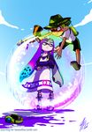  1girl aerospray_(splatoon) barrier blush bubbler_(splatoon) commentary cosplay domino_mask dress_shirt eye_contact green_hair gun hat headphones ikamusume ikamusume_(cosplay) ink_tank_(splatoon) inkling looking_at_another mask monster_boy monster_girl one_eye_closed pointy_ears purple_eyes purple_hair shield shinryaku!_ikamusume shirt shorts splatoon_(series) splatoon_1 splattershot_jr_(splatoon) tamarinfrog tentacle_hair water_gun weapon wristband 