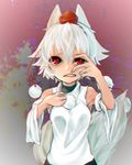  albino animal_ears chromatic_aberration clenched_teeth detached_sleeves hat highres hofuriko inubashiri_momiji long_sleeves looking_up pom_pom_(clothes) red_eyes shirt short_hair solo string tail teeth tokin_hat touhou turtleneck upper_body white_hair wide_sleeves wolf_ears wolf_tail 