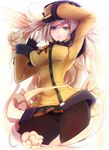  blonde_hair blue_eyes fingerless_gloves flower gloves guilty_gear guilty_gear_xrd hat millia_rage panties panties_under_pantyhose pantyhose solo underwear yude 