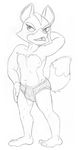  anthro barefoot blush brainsister briefs bulge canine clothing fox fox_mccloud greyscale hand_behind_head looking_away male mammal monochrome nintendo open_mouth pencil_(artwork) pinup pose solo star_fox toned traditional_media_(artwork) underwear video_games 