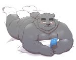  2019 anthro bed belly black_nose blush butt cute_fangs humanoid_hands jumperbear male mammal moobs overweight overweight_male phone simple_background solo ursid 