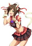  animal_ears brown_hair cat_ears cat_tail crop_top green_eyes idolmaster idolmaster_cinderella_girls looking_at_viewer maekawa_miku midriff navel open_mouth short_hair smile solo tail tsutsumotase wristband 