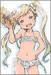  :d bangs bare_shoulders bikini blonde_hair blue_eyes blue_hair blush border child collarbone flower frilled_bikini frills gradient_hair granblue_fantasy green_hair hair_flower hair_ornament ham_(points) hand_on_hip holding holding_flower io_euclase light_particles long_hair looking_at_viewer multicolored_hair navel open_mouth smile solo sunflower swimsuit tan twintails wet white_bikini 