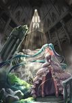  bouquet dress elbow_gloves flower gloves green_hair hatsune_miku highres jh long_hair long_legs looking_at_viewer plant ruins solo twintails utau vines vocaloid wedding_dress 