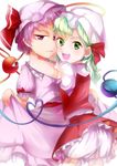  bloomers cosplay dress eyeball flandre_scarlet flandre_scarlet_(cosplay) green_eyes green_hair hair_ornament hair_ribbon hat hat_ribbon heart heart_of_string highres hug komeiji_koishi komeiji_satori looking_at_viewer mob_cap multiple_girls open_mouth pink_skirt puffy_sleeves purple_eyes purple_hair remilia_scarlet remilia_scarlet_(cosplay) ribbon sash shirt short_hair short_sleeves siblings side_ponytail simple_background sisters skirt skirt_lift skirt_set smile string syoudensatoko third_eye touhou underwear vest white_background 