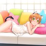  animal_ears bell bow brown_hair cat_ears cat_tail cushion green_eyes highres hoshizora_rin love_live! love_live!_school_idol_project lying mignon on_side orange_hair panties parted_lips pillow ribbon short_hair side-tie_panties solo star_pillow tail tail_bell tail_bow tail_ribbon underwear 