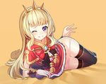  blonde_hair blue_eyes blush cagliostro_(granblue_fantasy) granblue_fantasy heart heart-shaped_pupils hips long_hair lying naughty_face no_pants on_side one_eye_closed panties panty_tug ririko_(zhuoyandesailaer) solo symbol-shaped_pupils thighhighs underwear wristband 
