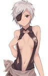  adjusting_clothes adjusting_swimsuit bad_id bad_twitter_id bare_shoulders black_swimsuit breasts breasts_apart brown_eyes collarbone eyepatch furukawa_wanosuke granblue_fantasy medium_breasts navel one-piece_swimsuit sarong short_hair silver_hair simple_background slingshot_swimsuit solo swimsuit tanya_(granblue_fantasy) white_background 