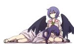  2girls bat_wings bow colored dress full_body hair_bow hair_ornament long_hair long_sleeves looking_at_viewer looking_away lying multiple_girls no_hat on_person patchouli_knowledge puffy_sleeves purple_eyes purple_hair red_eyes remilia_scarlet short_hair short_sleeves simple_background sitting sketch terimayo touhou white_background wide_sleeves wings 