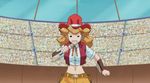  1girl animated animated_gif announcer belt breasts cowboy_hat female hat holding_microphone large_breasts light_brown_hair melissa_claire microphone shirt stadium talking vest wink yu-gi-oh! yuu-gi-ou_arc-v 