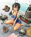  :3 ahoge barefoot black_hair blush breasts brown_eyes cannon cleavage collarbone kantai_collection kona_(garihagemegane) large_breasts long_hair looking_at_viewer md5_mismatch narrow_waist pool scrunchie sitting solo swimsuit torpedo turret ushio_(kantai_collection) wariza wrist_scrunchie 