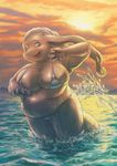  flint flint_(artist) furry ocean one_eye_closed open_mouth sunset swimsuit water 