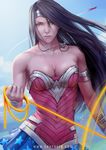  bare_shoulders black_hair blue_sky breasts circlet cleavage collarbone dc_comics karl_liversidge lasso looking_at_viewer motion_blur necklace sky solo_focus superman superman_(series) toned wonder_woman wonder_woman_(series) 