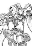 :d armor belt breasts cleavage cleavage_cutout granblue_fantasy greyscale hair_intakes long_hair medium_breasts monochrome navel niku-name open_mouth polearm showgirl_skirt simple_background smile solo spear twintails v-shaped_eyebrows weapon white_background zeta_(granblue_fantasy) 