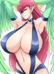  1girl alternate_breast_size blue_eyes breasts breasts_outside cleavage collar duel_monster harpie_lady harpy highres huge_breasts long_hair looking_at_viewer monster_girl ogura_anko pointy_ears red_hair smile solo wings yu-gi-oh! yuu-gi-ou_duel_monsters 