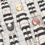  black_hair blonde_hair blue_eyes brown_eyes brown_hair commentary long_hair looking_at_viewer lying multiple_girls no_socks on_back original parted_lips prison_clothes sheet_music shoes short_hair staff_(music) yajirushi_(chanoma) 