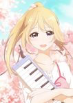  1girl blonde_hair breasts dress female miyazono_kawori open_mouth ponytail purple_eyes shigatsu_wa_kimi_no_uso solo 