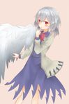  blush dress finger_to_mouth highres kishin_sagume long_sleeves looking_away purple_dress red_eyes short_hair silver_hair simple_background single_wing slit_pupils smile solo toto_(nyky831018/) touhou vest wings 
