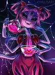  bad_id bad_twitter_id blush bow chilli cup extra_eyes fangs hair_bow heart highres insect_girl monster_girl muffet multiple_arms no_nose purple_eyes purple_hair purple_skin short_hair silk smile solo spider_girl spider_web teacup teapot two_side_up undertale 
