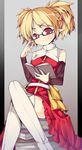  blonde_hair blush book breasts crossed_legs glasses grand_knight_history highres pointy_ears red_eyes saru short_hair sitting small_breasts solo white_legwear 