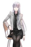  aken black_legwear chair classroom feet_out_of_frame garter_straps genderswap genderswap_(mtf) highres kuroko_no_basuke long_hair mayuzumi_chihiro necktie school_uniform silver_eyes silver_hair simple_background sitting sitting_backwards skirt skirt_lift solo thighhighs white_background 