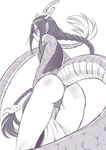  antlers ass blush braid china_dress chinese_clothes dragon_girl dragon_horns dragon_tail dress from_behind from_below horns kouda_tomohiro long_hair monochrome monster_girl monster_musume_no_iru_nichijou pointy_ears ryuu-jin_(monster_musume) scales single_braid slit_pupils solo tail very_long_hair 