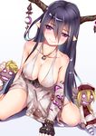  bad_id bad_pixiv_id bandages black_hair blood bloody_clothes blush breasts cleavage collarbone danua doll draph dress embarrassed fingerless_gloves gloves granblue_fantasy henet_hene horn_ornament horns jewelry large_breasts long_hair necklace pointy_ears red_eyes sitting solo wariza white_dress 
