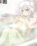  bandaged_fingers bandages bath bathing blush breasts commentary_request convenient_censoring goma_(gomasamune) hands_clasped highres kantai_collection knees_up large_breasts nude own_hands_together shoukaku_(kantai_collection) solo steam steam_censor tied_hair towel towel_on_head 