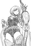  arrow belt bow_(weapon) breasts cape cleavage cowboy_shot djeeta_(granblue_fantasy) eyepatch from_below granblue_fantasy greyscale holding holding_weapon leotard looking_away looking_to_the_side medium_breasts monochrome niku-name open_mouth short_hair sidewinder_(granblue_fantasy) simple_background solo thighhighs weapon white_background zettai_ryouiki 